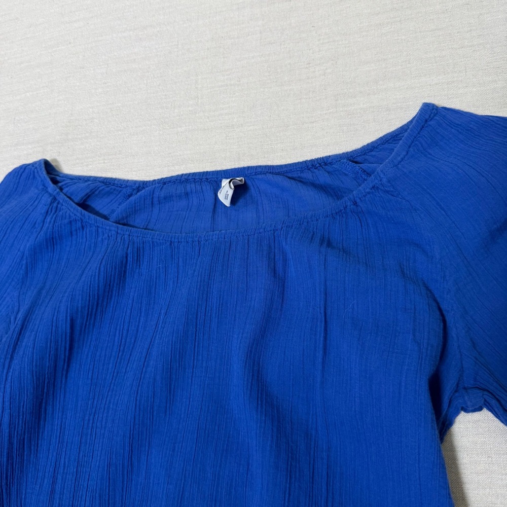 Old Navy Womens XS Royal Blue Cotton Gauze 3/4 Lettuce Hem Sleeve Blouse Top Off - Picture 10 of 10